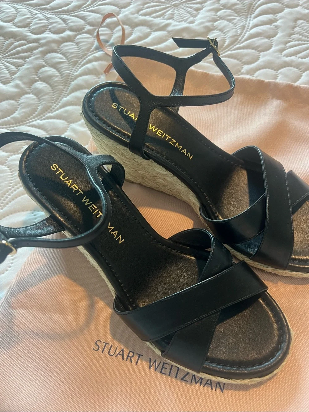 Stuart Weitzman Black Leather Espadrille Wedge Sandals with Ankle Strap - Picture 3 of 5